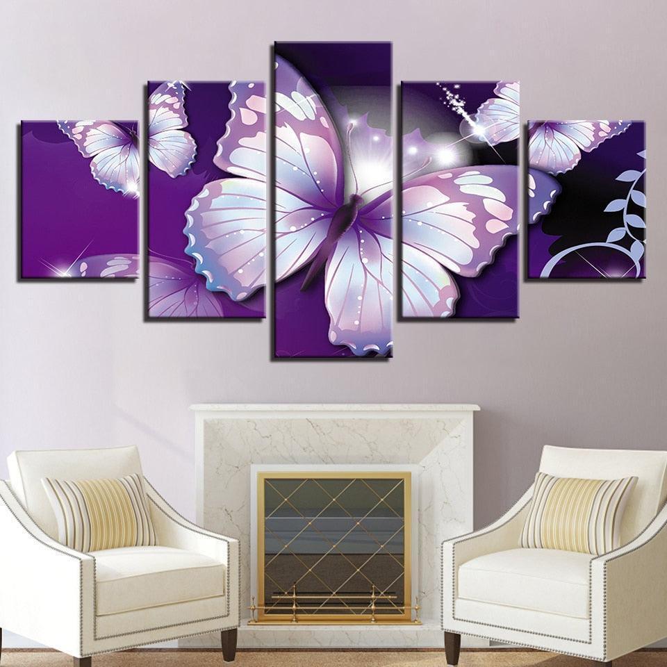 Purple Butterflies 5 Piece HD Multi Panel Canvas Wall Art-Original Frame