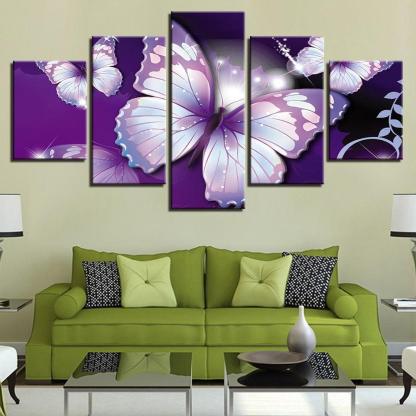 Purple Butterflies 5 Piece HD Multi Panel Canvas Wall Art-Original Frame