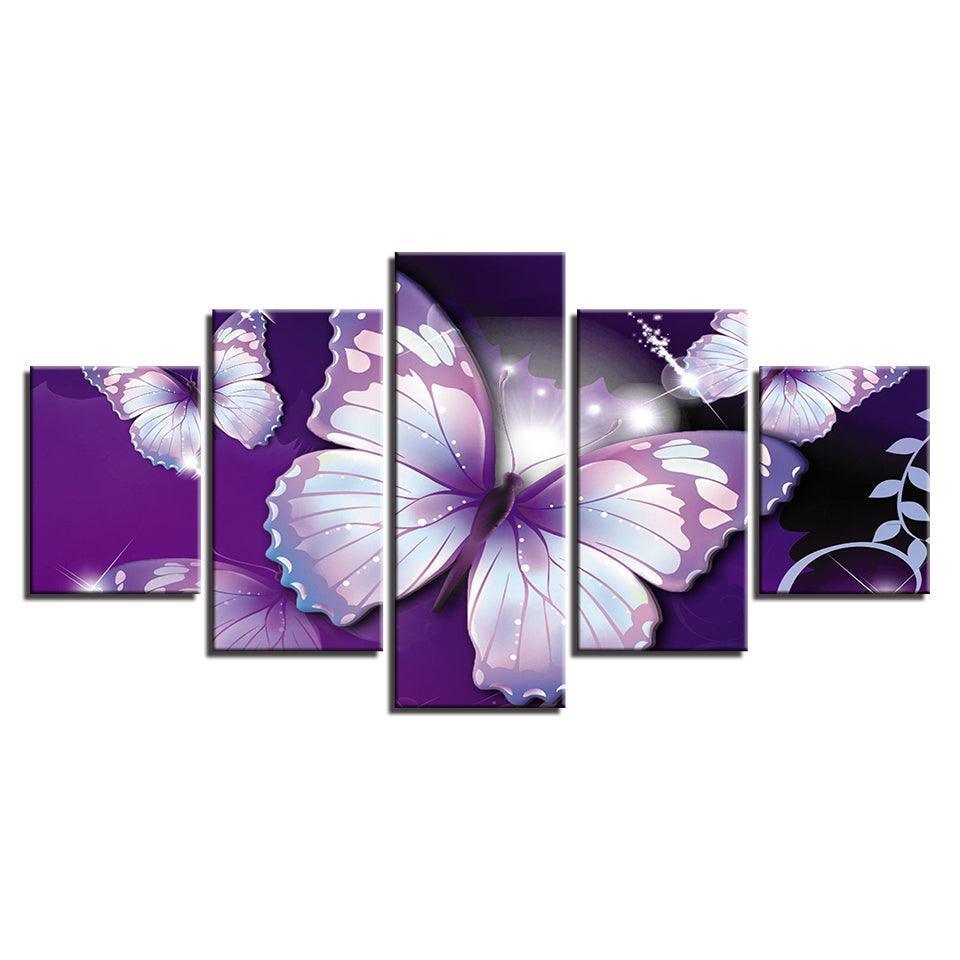Purple Butterflies 5 Piece HD Multi Panel Canvas Wall Art-Original Frame