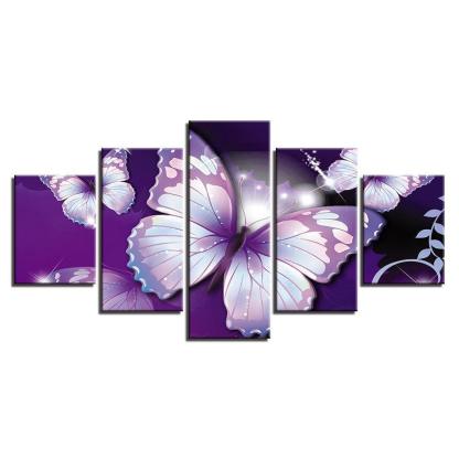 Purple Butterflies 5 Piece HD Multi Panel Canvas Wall Art-Original Frame