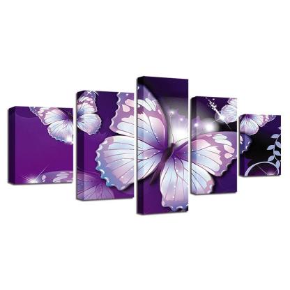 Purple Butterflies 5 Piece HD Multi Panel Canvas Wall Art-Original Frame