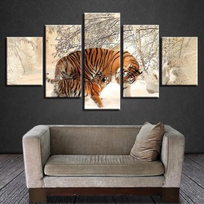 Winter Snow Tigers 5 Piece HD Multi Panel Canvas Wall Art Frame-Original Frame