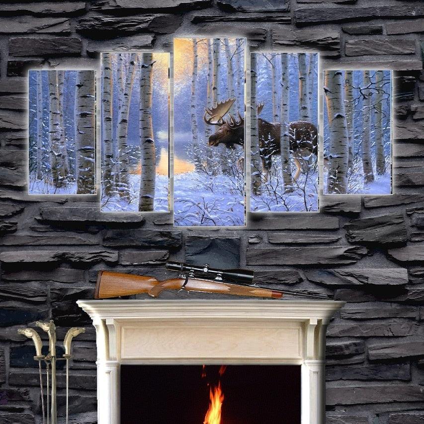 Elk in the Snowy Forest 5 Piece HD Multi Panel Canvas Wall Art Frame-Original Frame