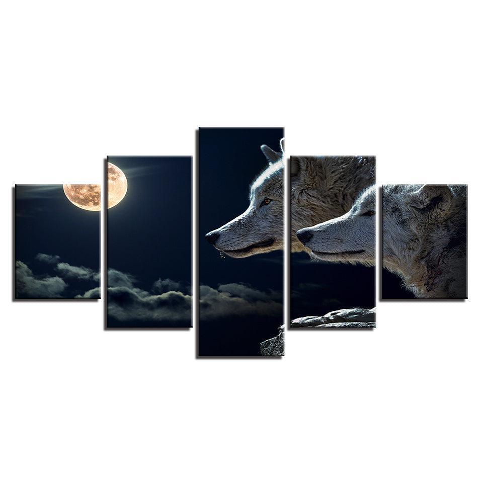 White Wolf Moon Night 5 Piece HD Multi Panel Canvas Wall Art Frame-Original Frame