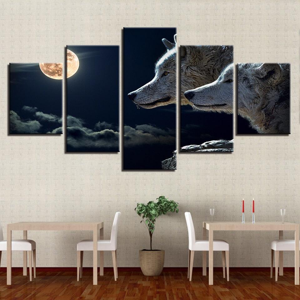 White Wolf Moon Night 5 Piece HD Multi Panel Canvas Wall Art Frame-Original Frame