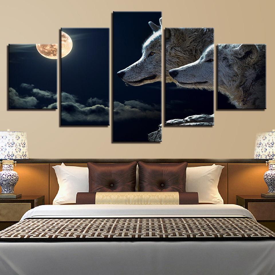 White Wolf Moon Night 5 Piece HD Multi Panel Canvas Wall Art Frame-Original Frame