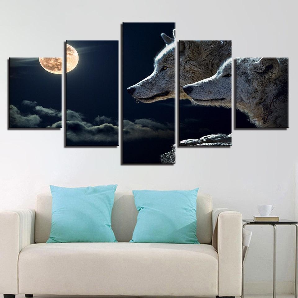 White Wolf Moon Night 5 Piece HD Multi Panel Canvas Wall Art Frame-Original Frame