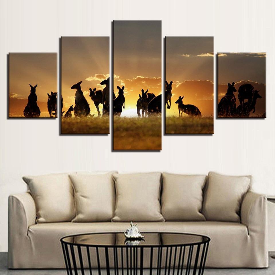 Golden Sunset Kangaroos 5 Piece HD Multi Panel Canvas Wall Art Frame-Original Frame