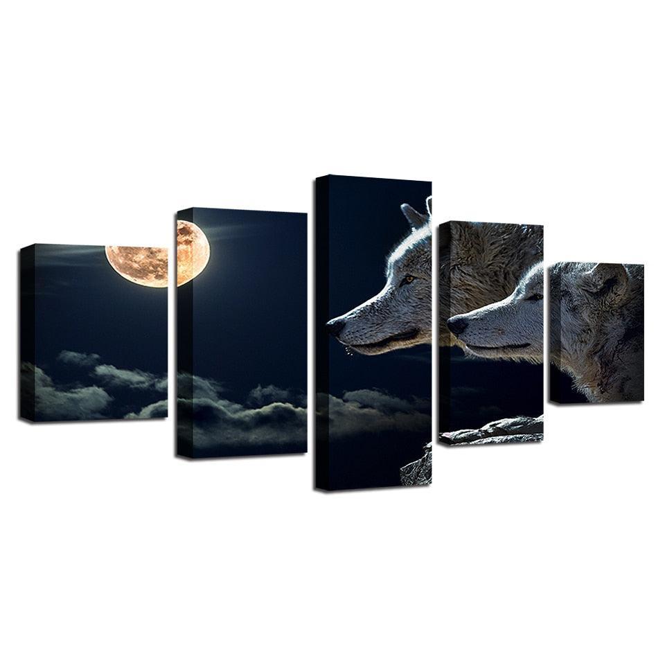 White Wolf Moon Night 5 Piece HD Multi Panel Canvas Wall Art Frame-Original Frame