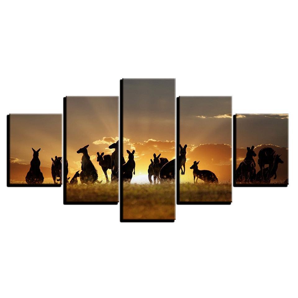 Golden Sunset Kangaroos 5 Piece HD Multi Panel Canvas Wall Art Frame-Original Frame