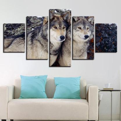 Wolves in the Forest 5 Piece HD Multi Panel Canvas Wall Art Frame-Original Frame