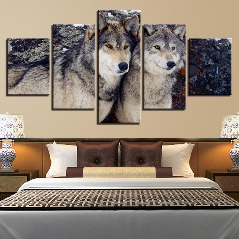 Wolves in the Forest 5 Piece HD Multi Panel Canvas Wall Art Frame-Original Frame