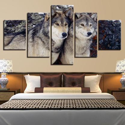 Wolves in the Forest 5 Piece HD Multi Panel Canvas Wall Art Frame-Original Frame