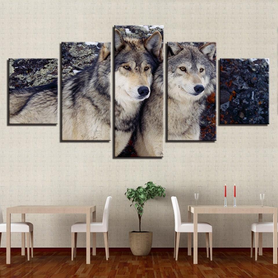 Wolves in the Forest 5 Piece HD Multi Panel Canvas Wall Art Frame-Original Frame