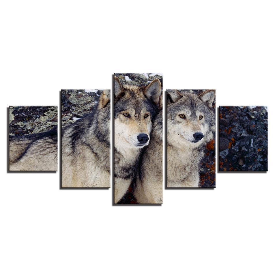 Wolves in the Forest 5 Piece HD Multi Panel Canvas Wall Art Frame-Original Frame