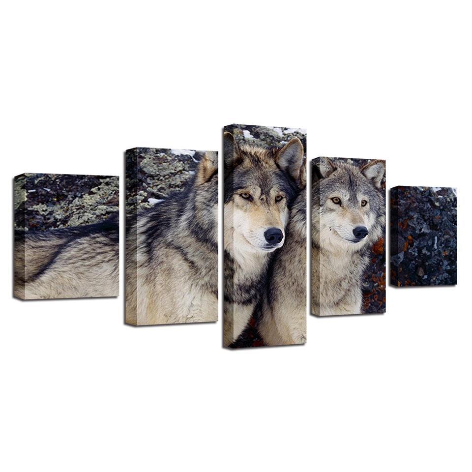 Wolves in the Forest 5 Piece HD Multi Panel Canvas Wall Art Frame-Original Frame