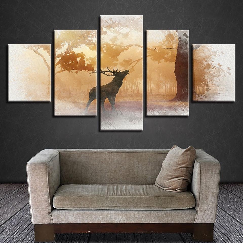 Forest Deer 5 Piece HD Multi Panel Canvas Wall Art Frame-Original Frame