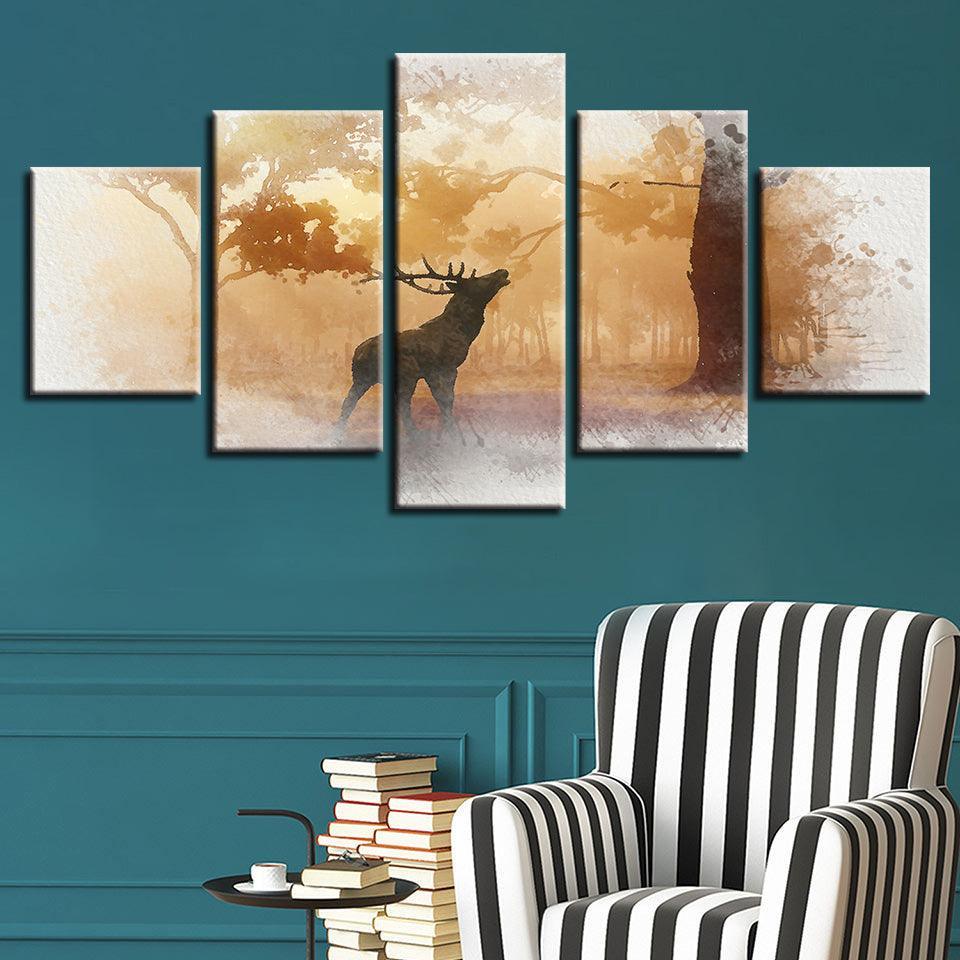 Forest Deer 5 Piece HD Multi Panel Canvas Wall Art Frame-Original Frame