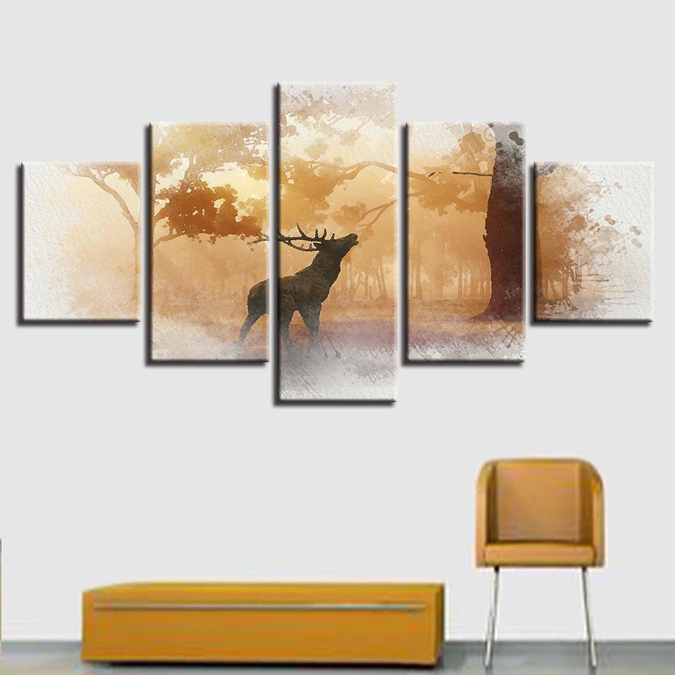 Forest Deer 5 Piece HD Multi Panel Canvas Wall Art Frame-Original Frame
