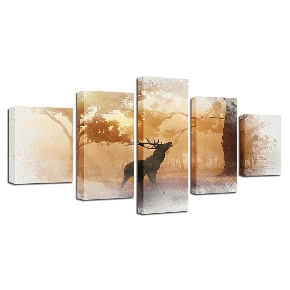 Forest Deer 5 Piece HD Multi Panel Canvas Wall Art Frame-Original Frame