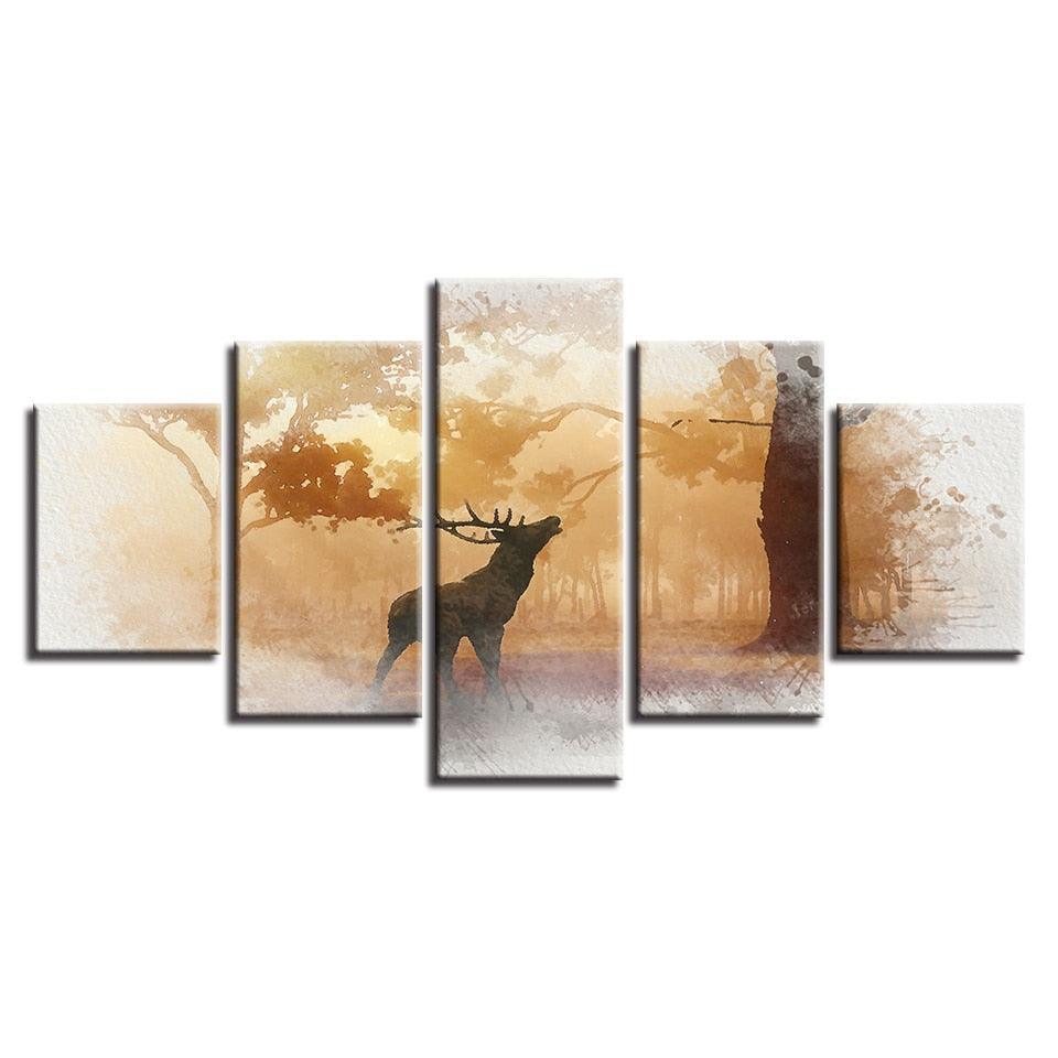Forest Deer 5 Piece HD Multi Panel Canvas Wall Art Frame-Original Frame