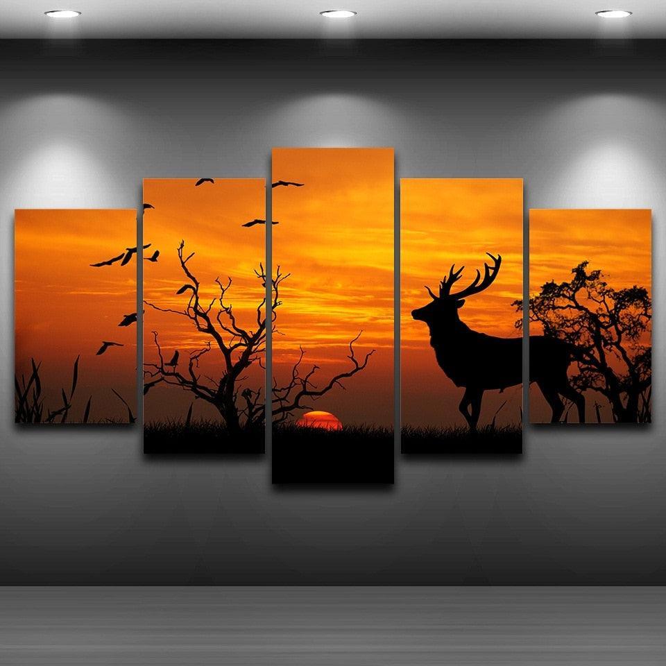 Deer in Sunset 5 Piece HD Multi Panel Canvas Wall Art Frame-Original Frame