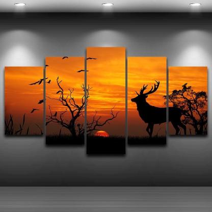 Deer in Sunset 5 Piece HD Multi Panel Canvas Wall Art Frame-Original Frame