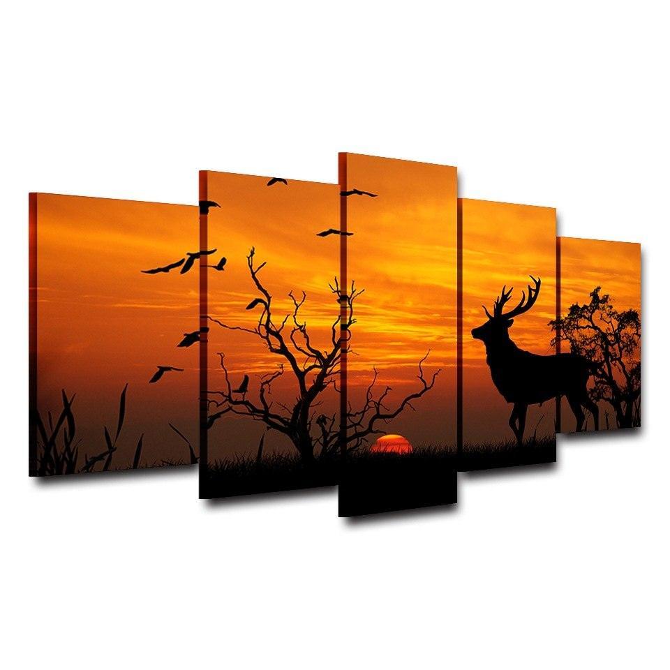 Deer in Sunset 5 Piece HD Multi Panel Canvas Wall Art Frame-Original Frame