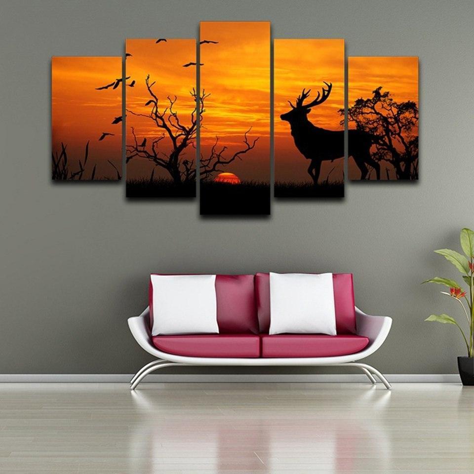 Deer in Sunset 5 Piece HD Multi Panel Canvas Wall Art Frame-Original Frame