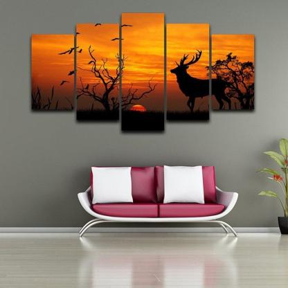 Deer in Sunset 5 Piece HD Multi Panel Canvas Wall Art Frame-Original Frame