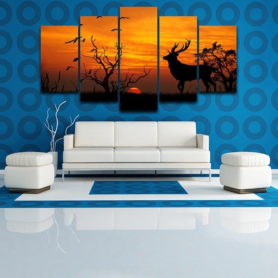Deer in Sunset 5 Piece HD Multi Panel Canvas Wall Art Frame-Original Frame