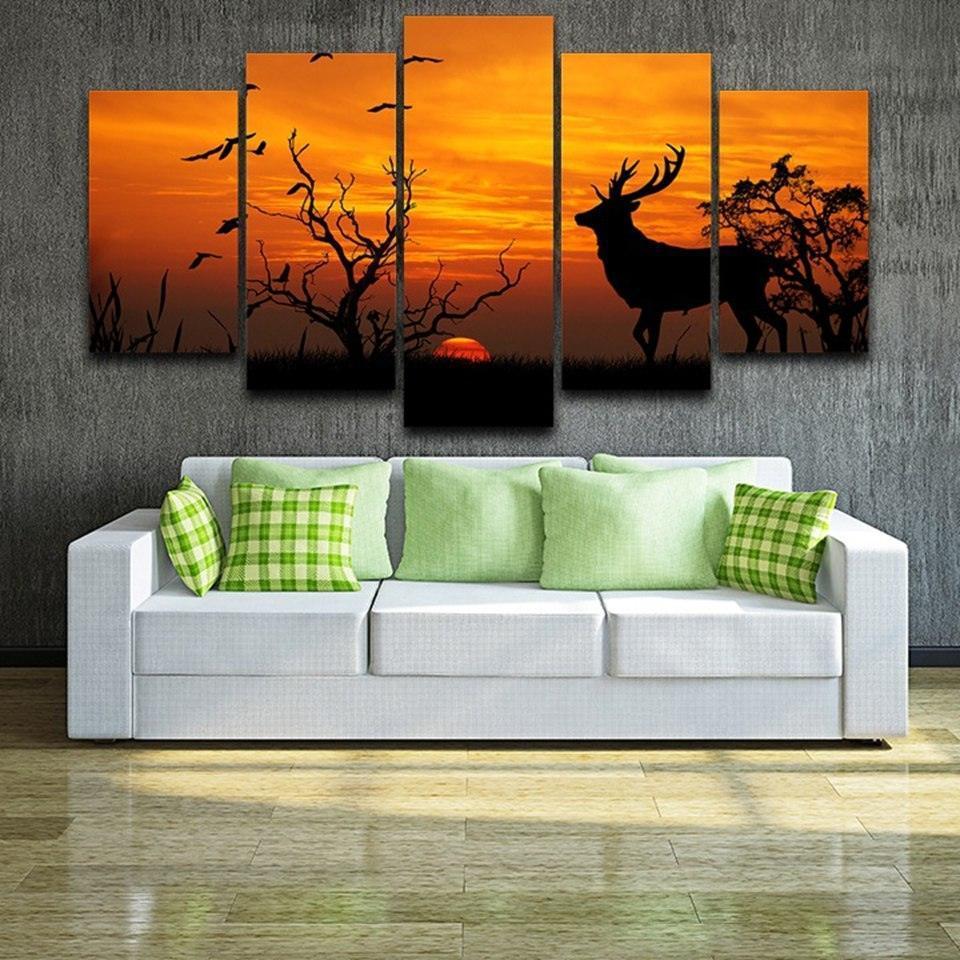 Deer in Sunset 5 Piece HD Multi Panel Canvas Wall Art Frame-Original Frame