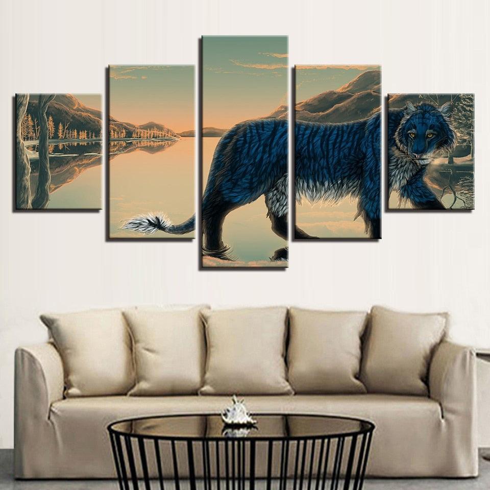 Blue Tiger 5 Piece HD Multi Panel Canvas Wall Art Frame-Original Frame