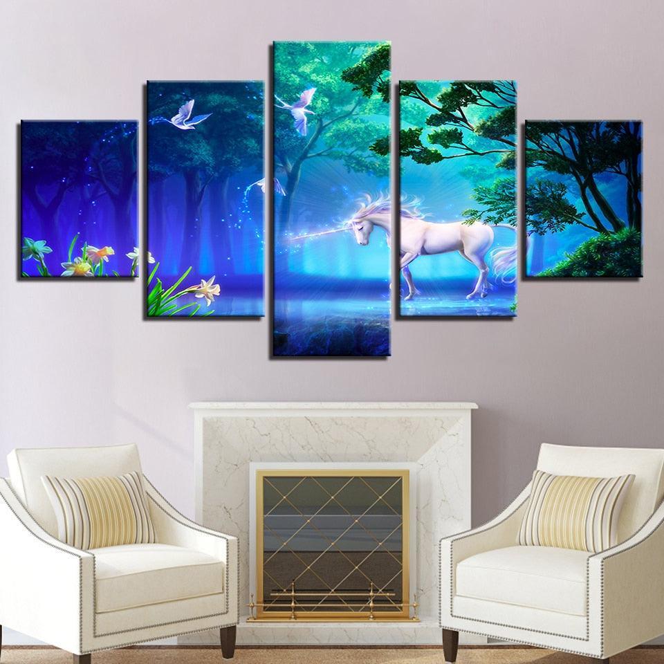 White Unicorn 5 Piece HD Multi Panel Canvas Wall Art Frame-Original Frame