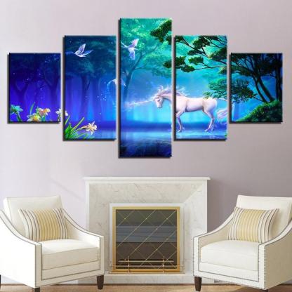 White Unicorn 5 Piece HD Multi Panel Canvas Wall Art Frame-Original Frame