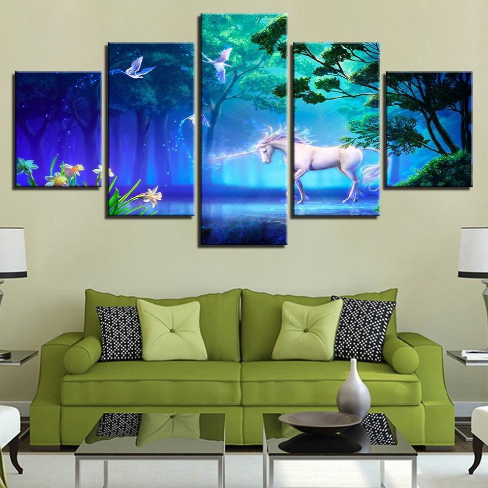 White Unicorn 5 Piece HD Multi Panel Canvas Wall Art Frame-Original Frame