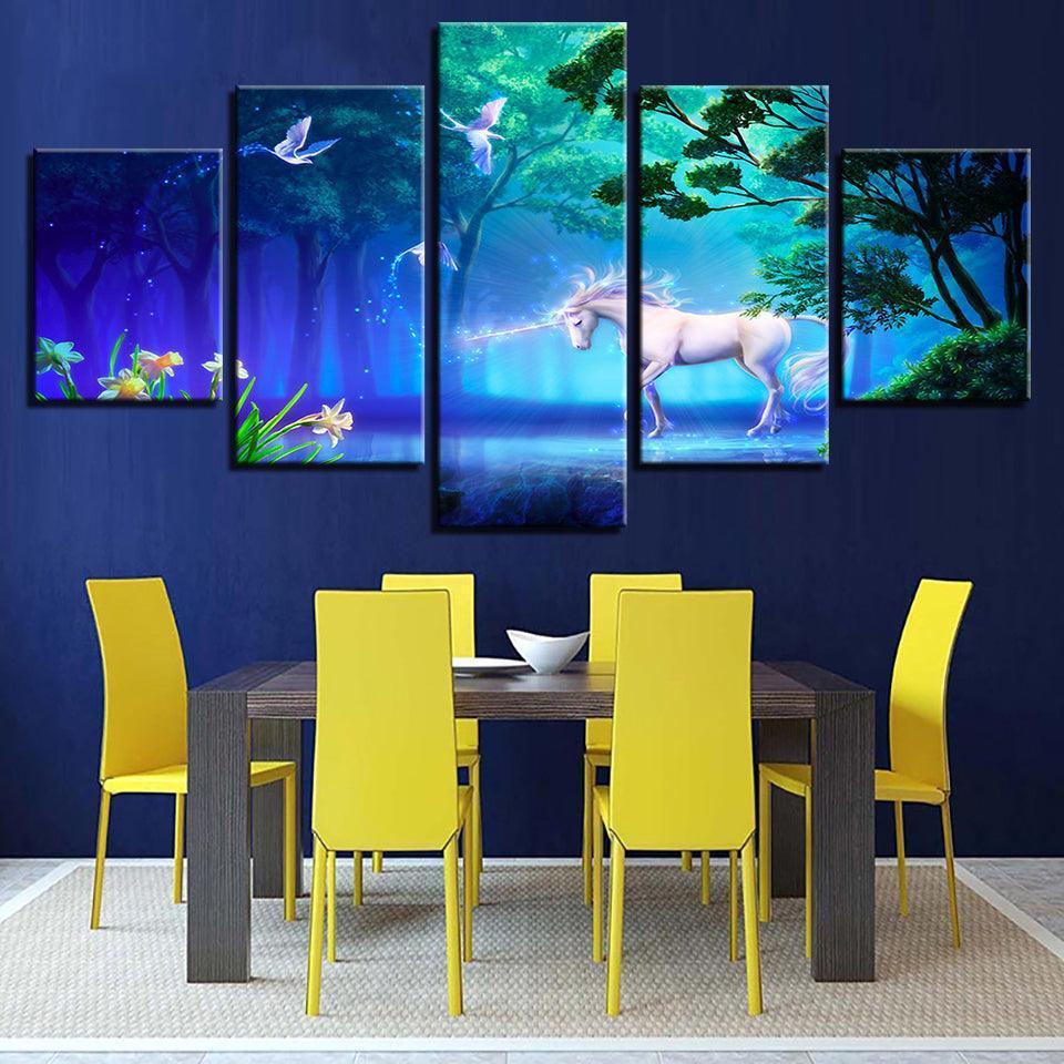 White Unicorn 5 Piece HD Multi Panel Canvas Wall Art Frame-Original Frame