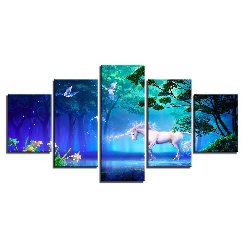 White Unicorn 5 Piece HD Multi Panel Canvas Wall Art Frame-Original Frame