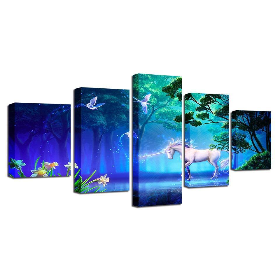 White Unicorn 5 Piece HD Multi Panel Canvas Wall Art Frame-Original Frame