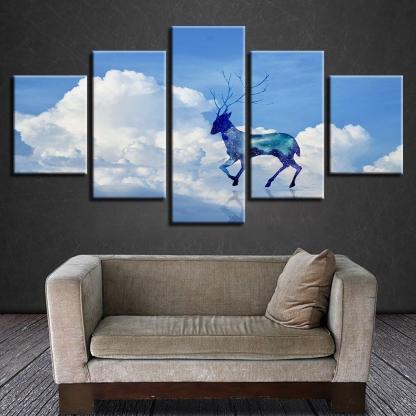 Glittering Cloud Deer Landscape 5 Piece HD Multi Panel Canvas Wall Art Frame-Original Frame