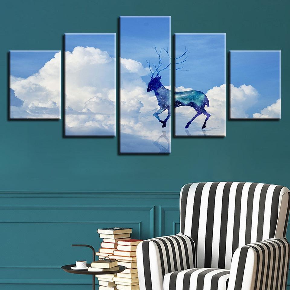 Glittering Cloud Deer Landscape 5 Piece HD Multi Panel Canvas Wall Art Frame-Original Frame