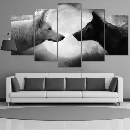 Wolves Black & White 5 Piece HD Multi Panel Canvas Wall Art Frame-Original Frame