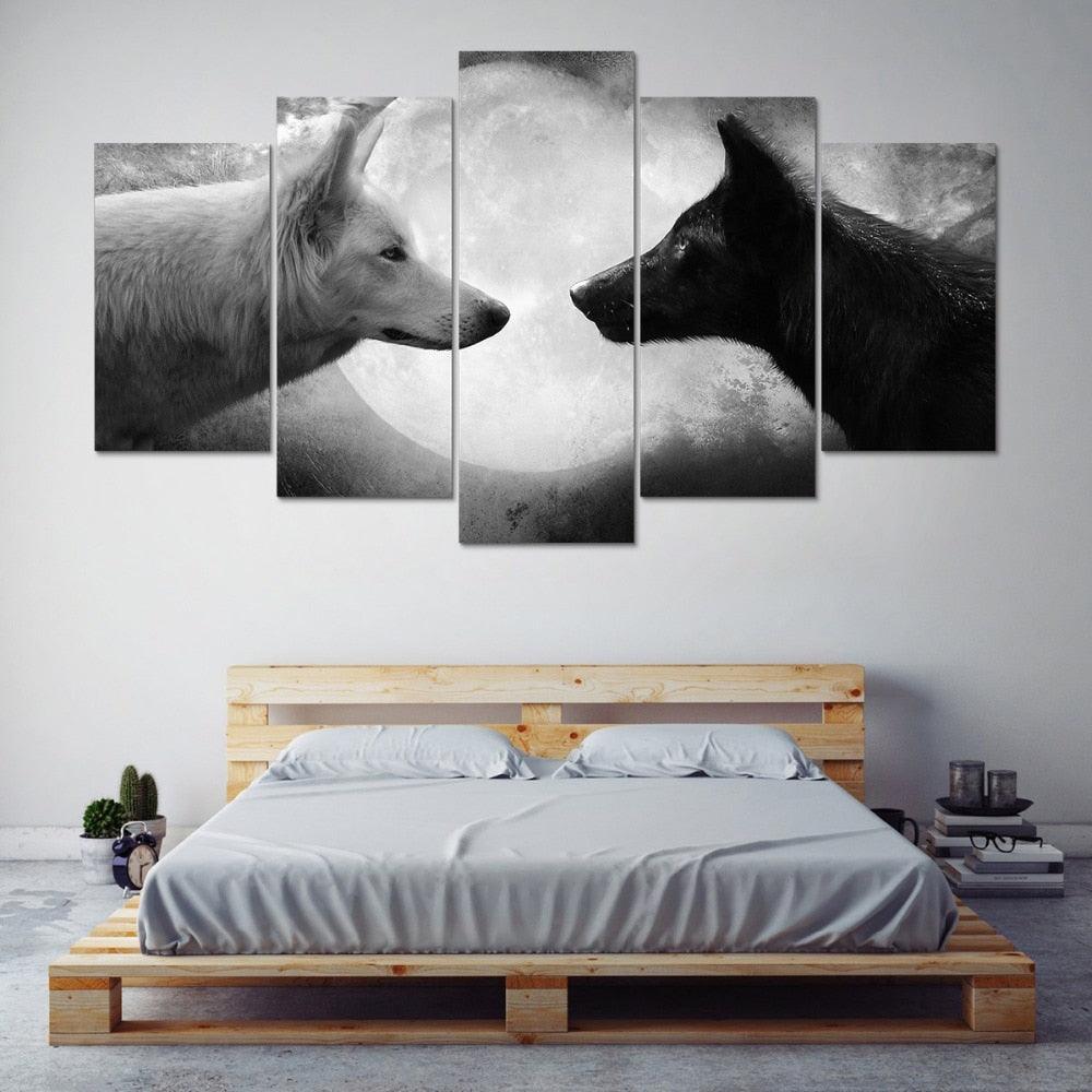 Wolves Black & White 5 Piece HD Multi Panel Canvas Wall Art Frame-Original Frame