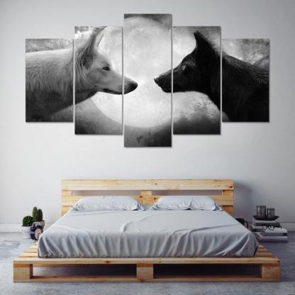 Wolves Black & White 5 Piece HD Multi Panel Canvas Wall Art Frame-Original Frame
