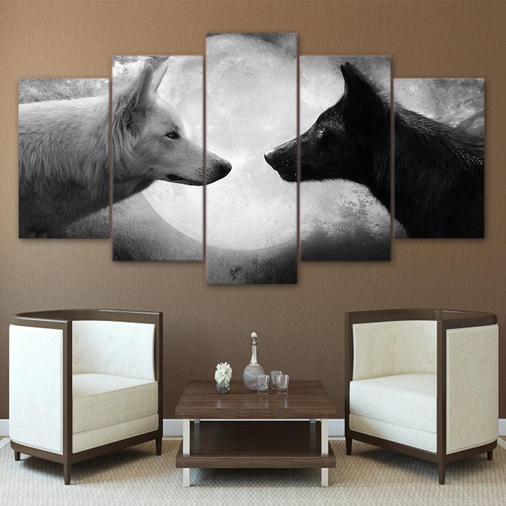 Wolves Black & White 5 Piece HD Multi Panel Canvas Wall Art Frame-Original Frame