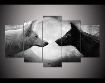 Wolves Black & White 5 Piece HD Multi Panel Canvas Wall Art Frame-Original Frame