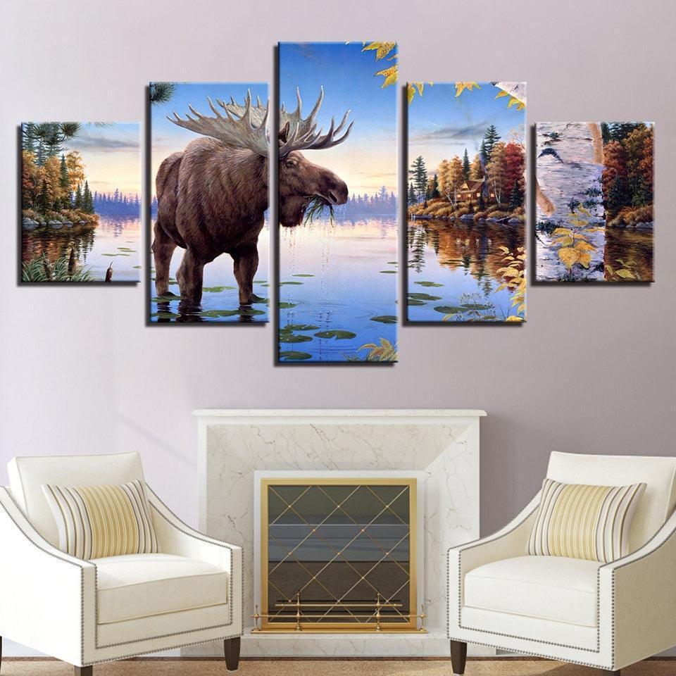 Elk Deer 5 Piece HD Multi Panel Canvas Wall Art Frame-Original Frame