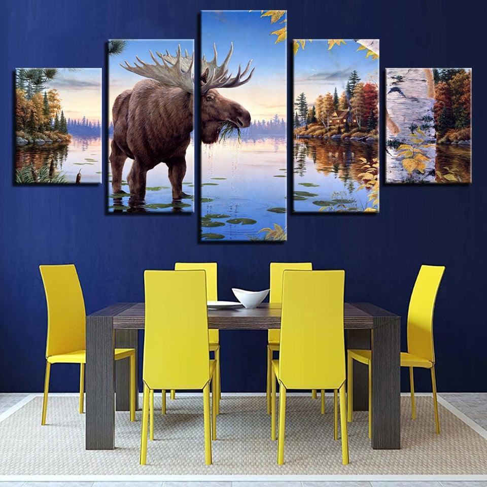 Elk Deer 5 Piece HD Multi Panel Canvas Wall Art Frame-Original Frame