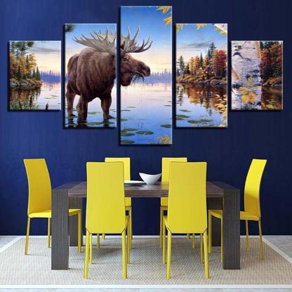 Elk Deer 5 Piece HD Multi Panel Canvas Wall Art Frame-Original Frame