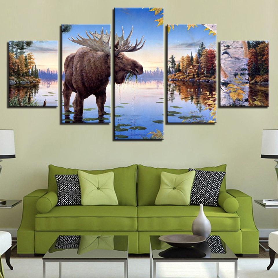 Elk Deer 5 Piece HD Multi Panel Canvas Wall Art Frame-Original Frame